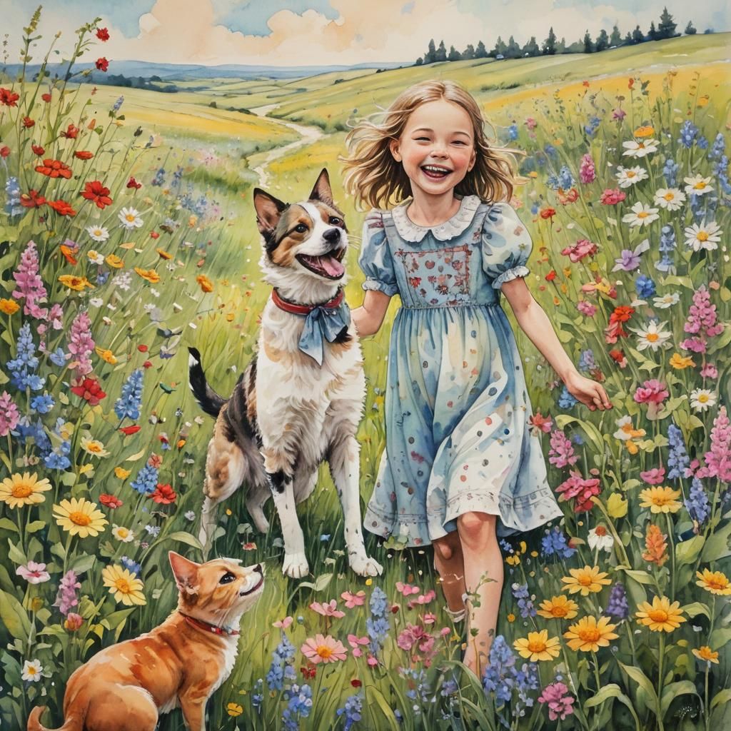 Girl, Cat, Dogs in Wildflower Field: Fantasy Painting