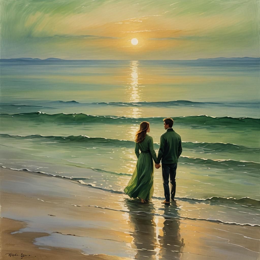 Romantic Seascape Painting of Couple at Sunset
