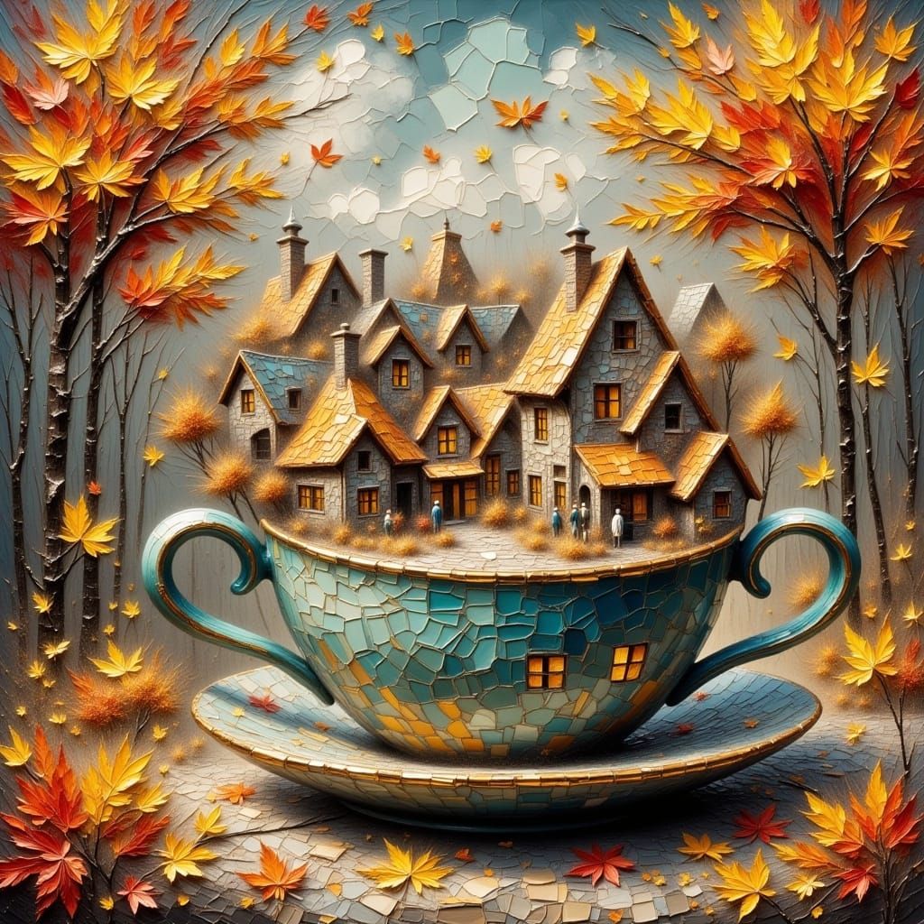 Miniature Autumn Village in Teacup, Gouache Style