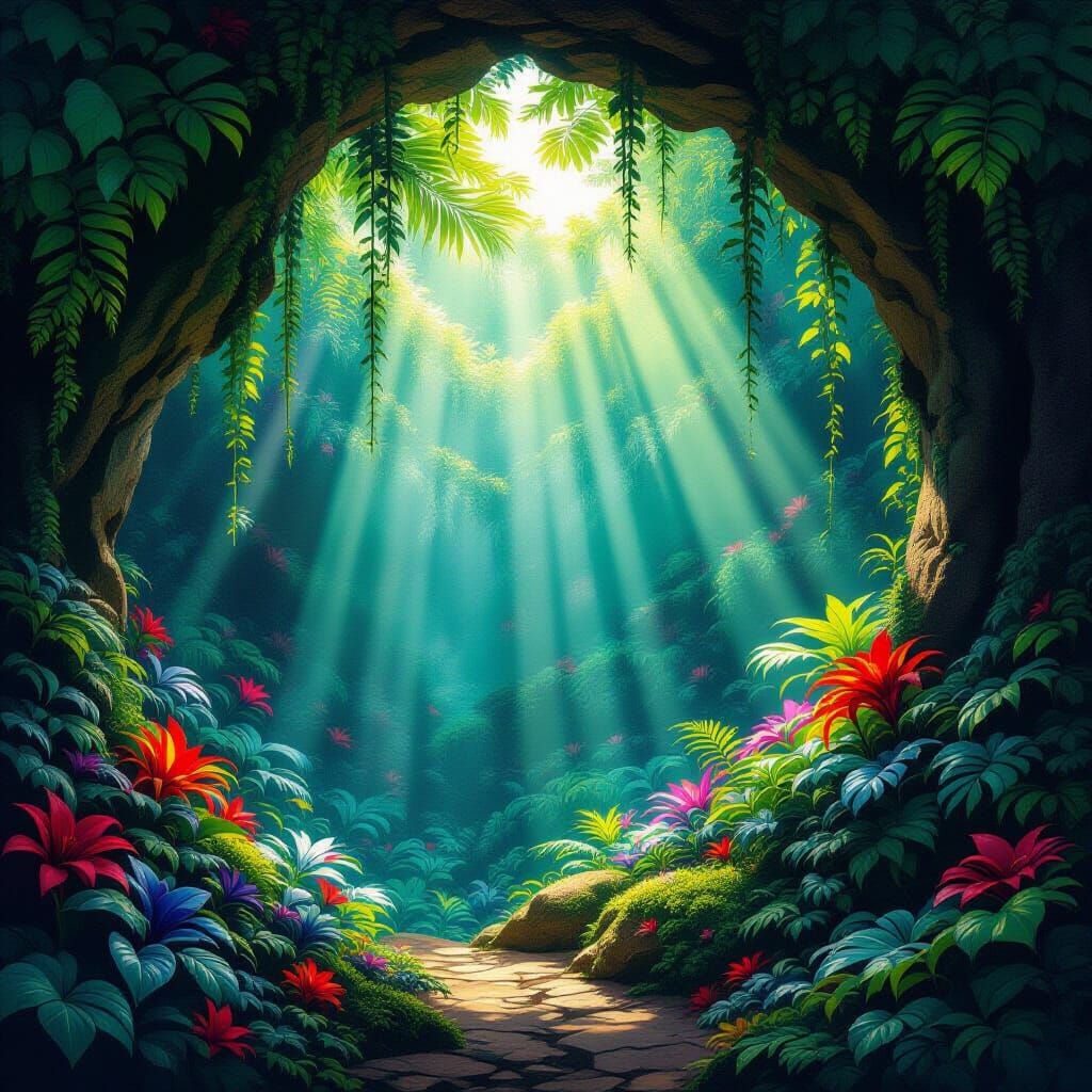 Enchanted Grotto with Exotic Plants in Art Nouveau Style