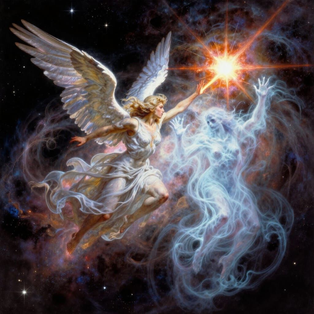 Angel Battles Ghost in Cosmic Nebula