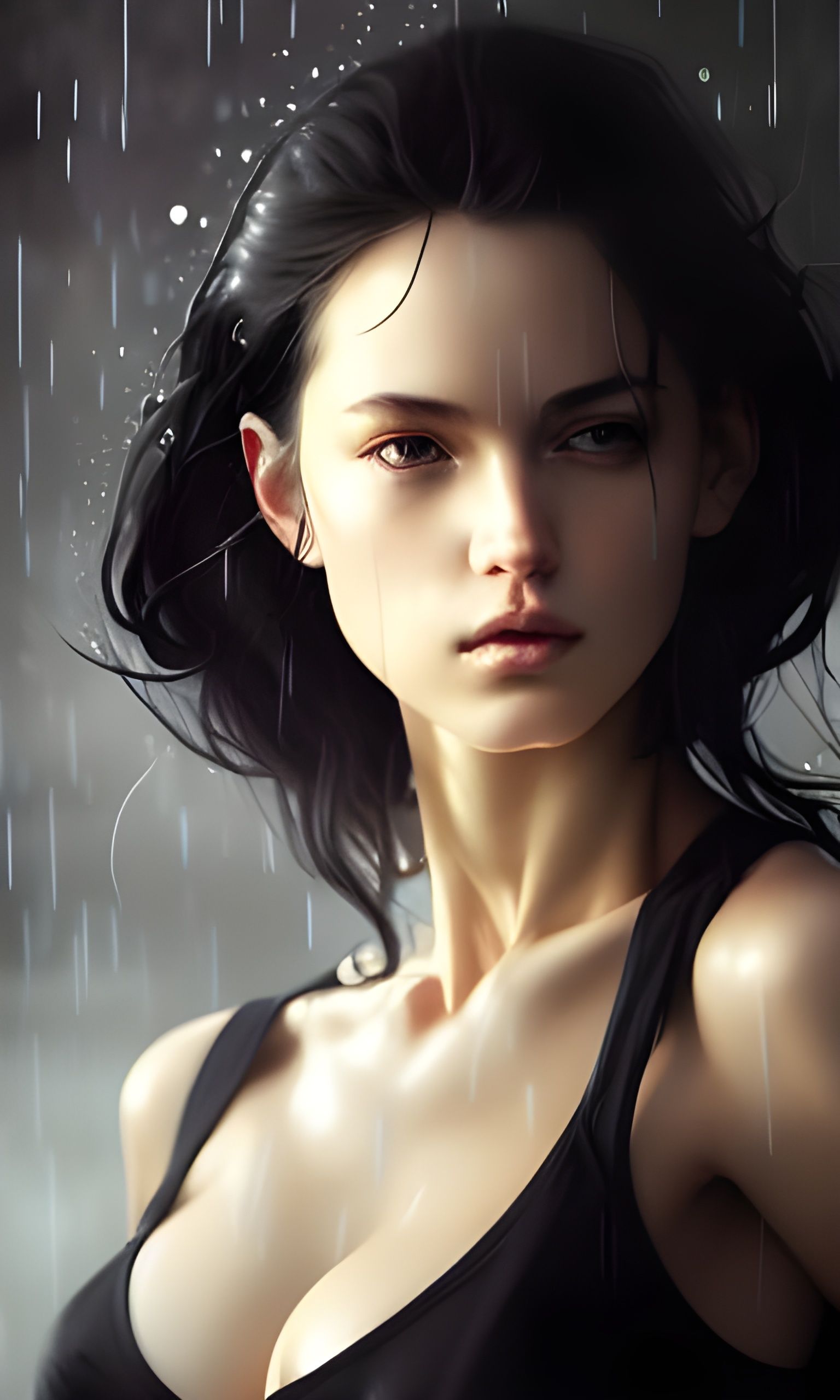 Beautiful Female Model in Rain, Hyper-Detailed