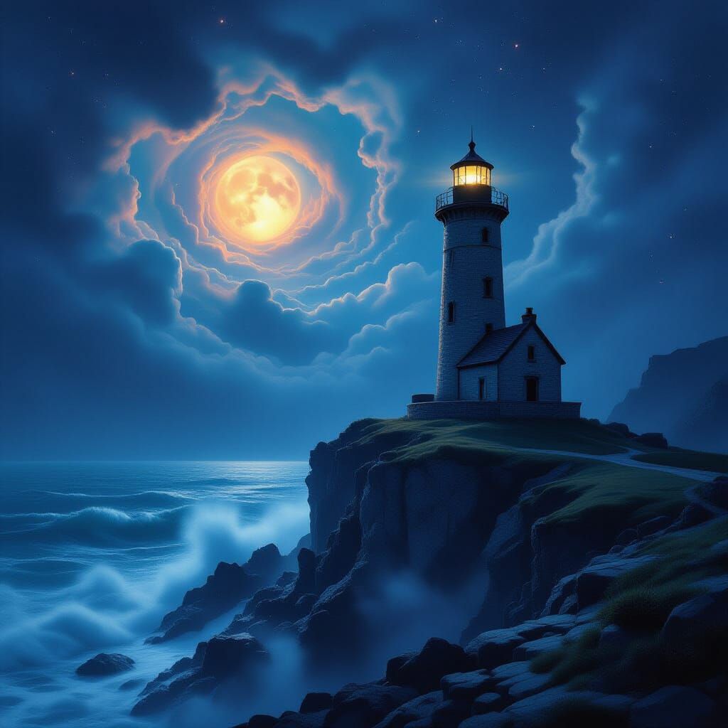 Ancient Lighthouse on Moonlit Sea Overlooking Alien Stars