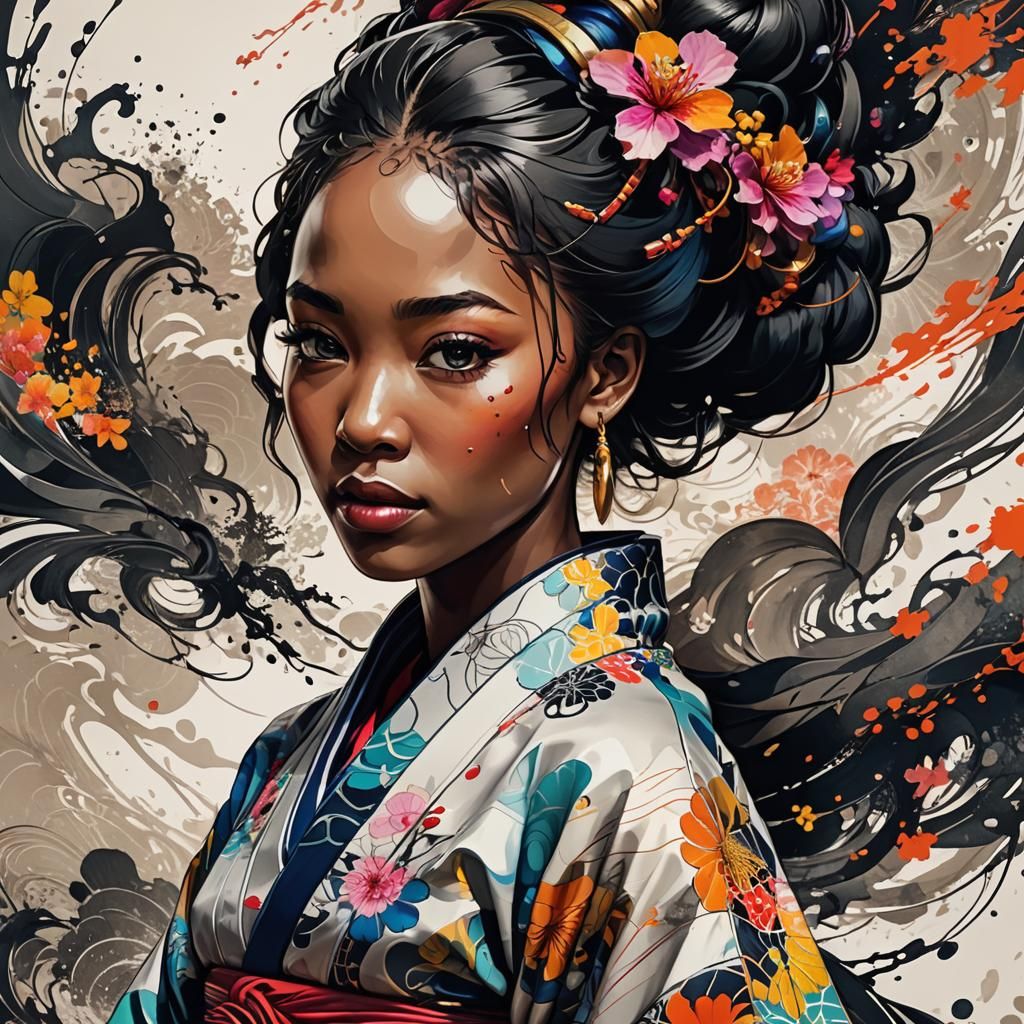 Ebony Woman in Yukata: Ink Painting Masterpiece