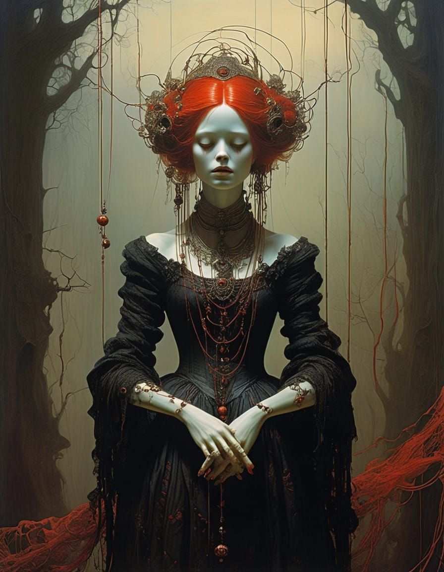 Ethereal Marionette in Fiery Red Locks Suspended by Silvery....