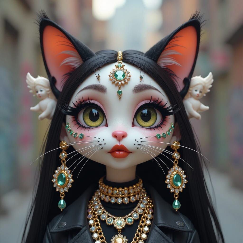 Lo-fi Cat Creature with Bohemian Jewelry