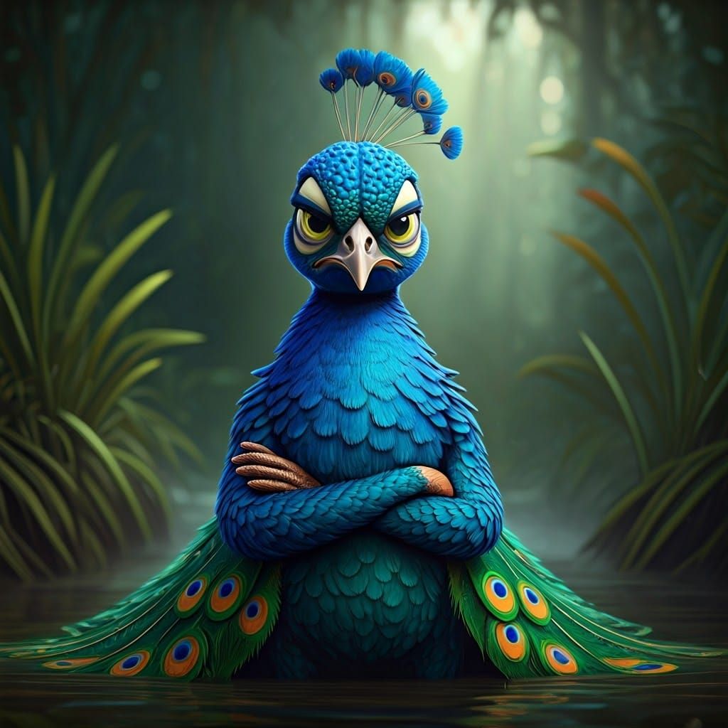 Adorable Giant-Eyed Peacock in Vibrant Swamp Landscape