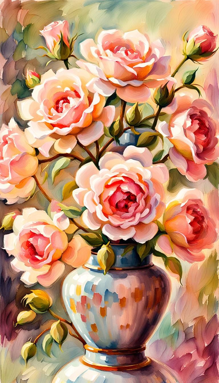 Impressionist Pink Rose Bouquet in Vintage Vase