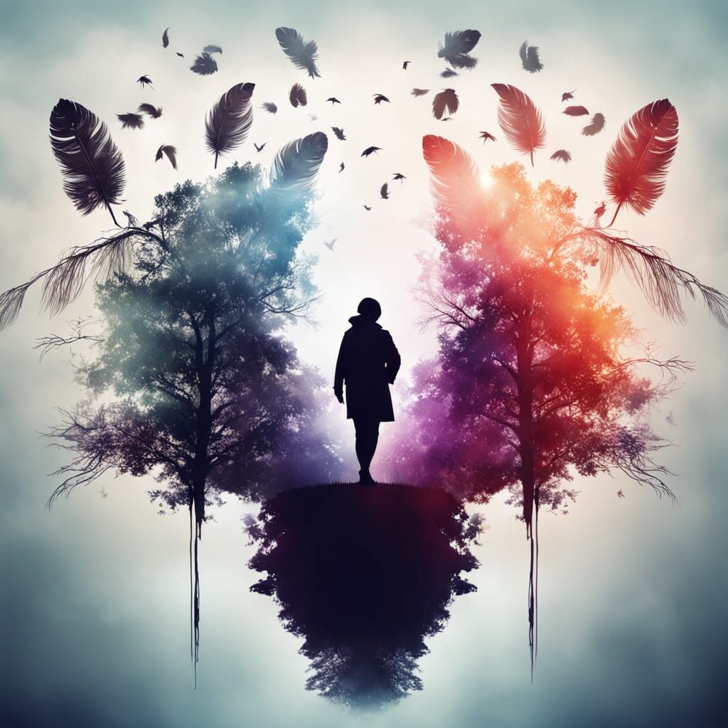 Ethereal Double Exposure Portrait in Dark, Colorful Fantasy...