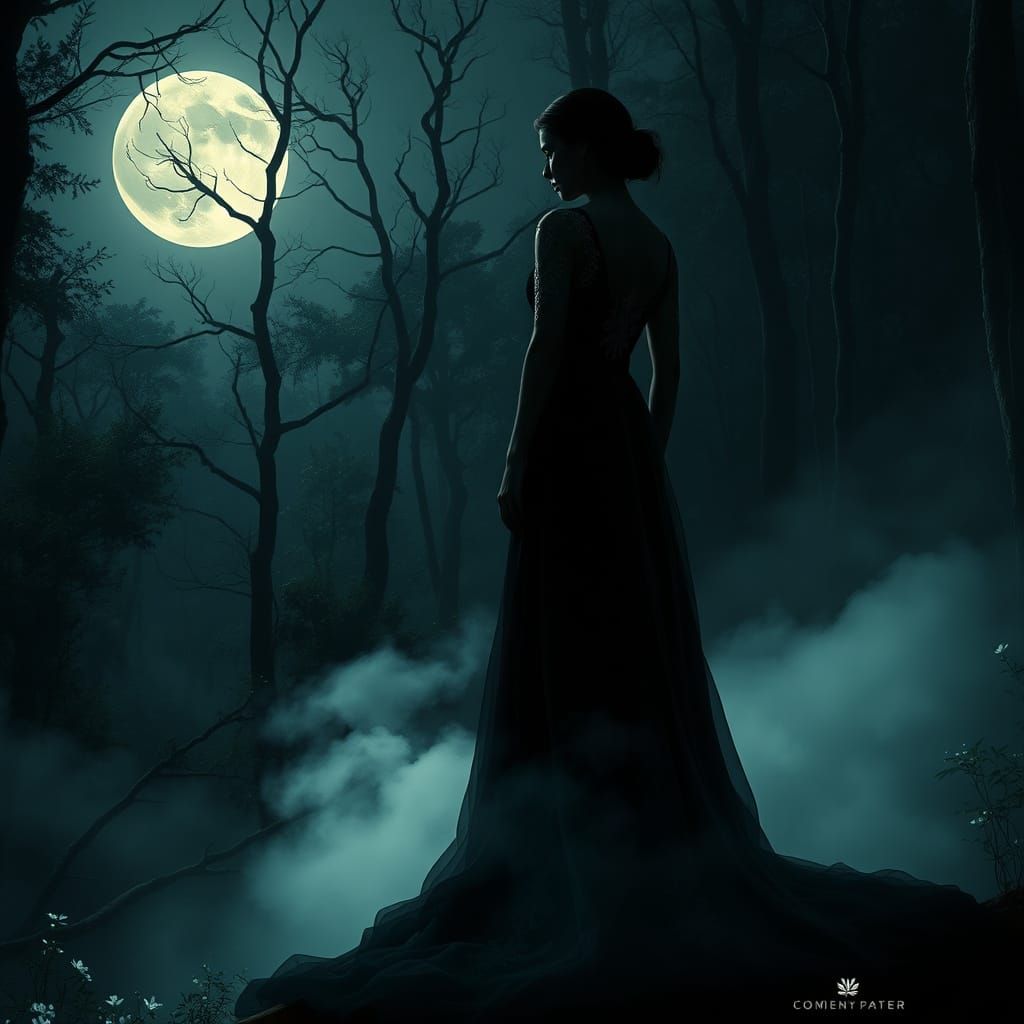 Mysterious Latina Woman in Moonlit Forest
