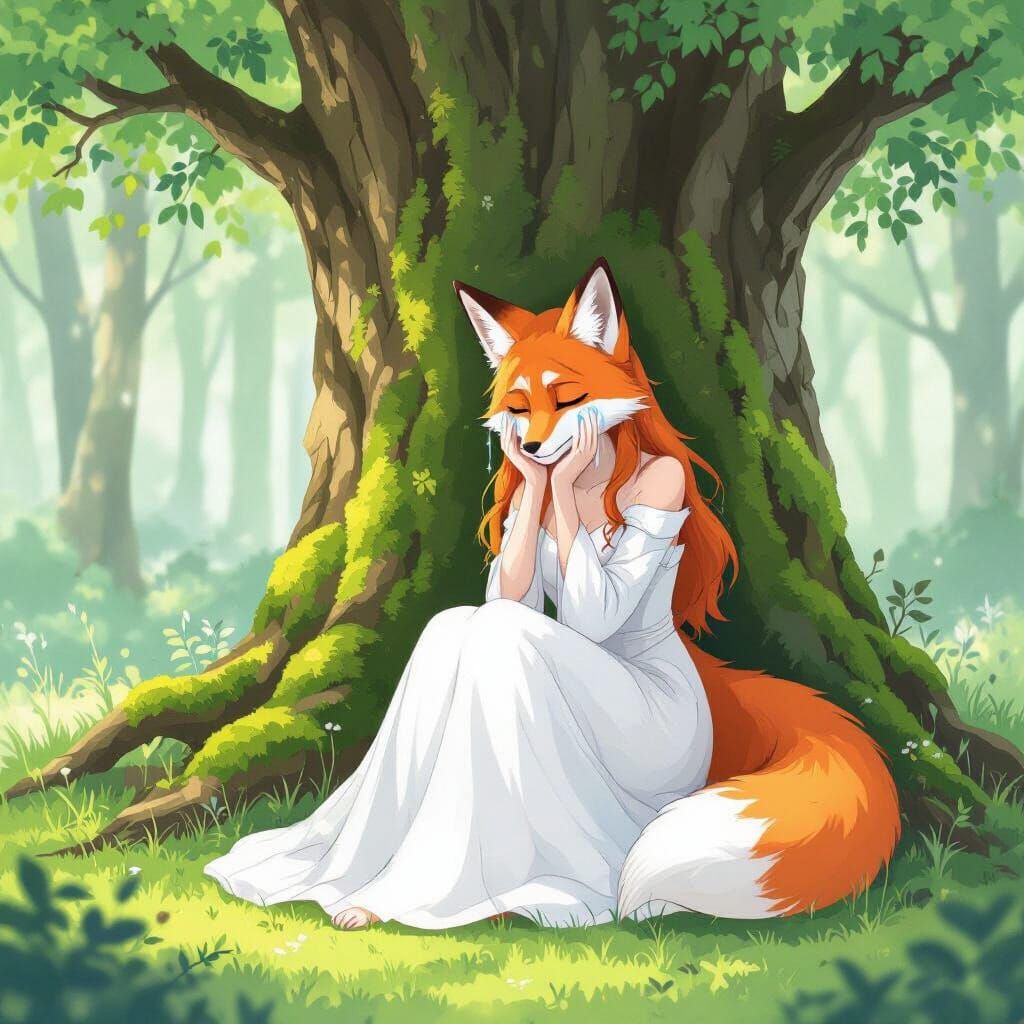 Sorrowful Fox in Dreamy Forest: Watercolor Style