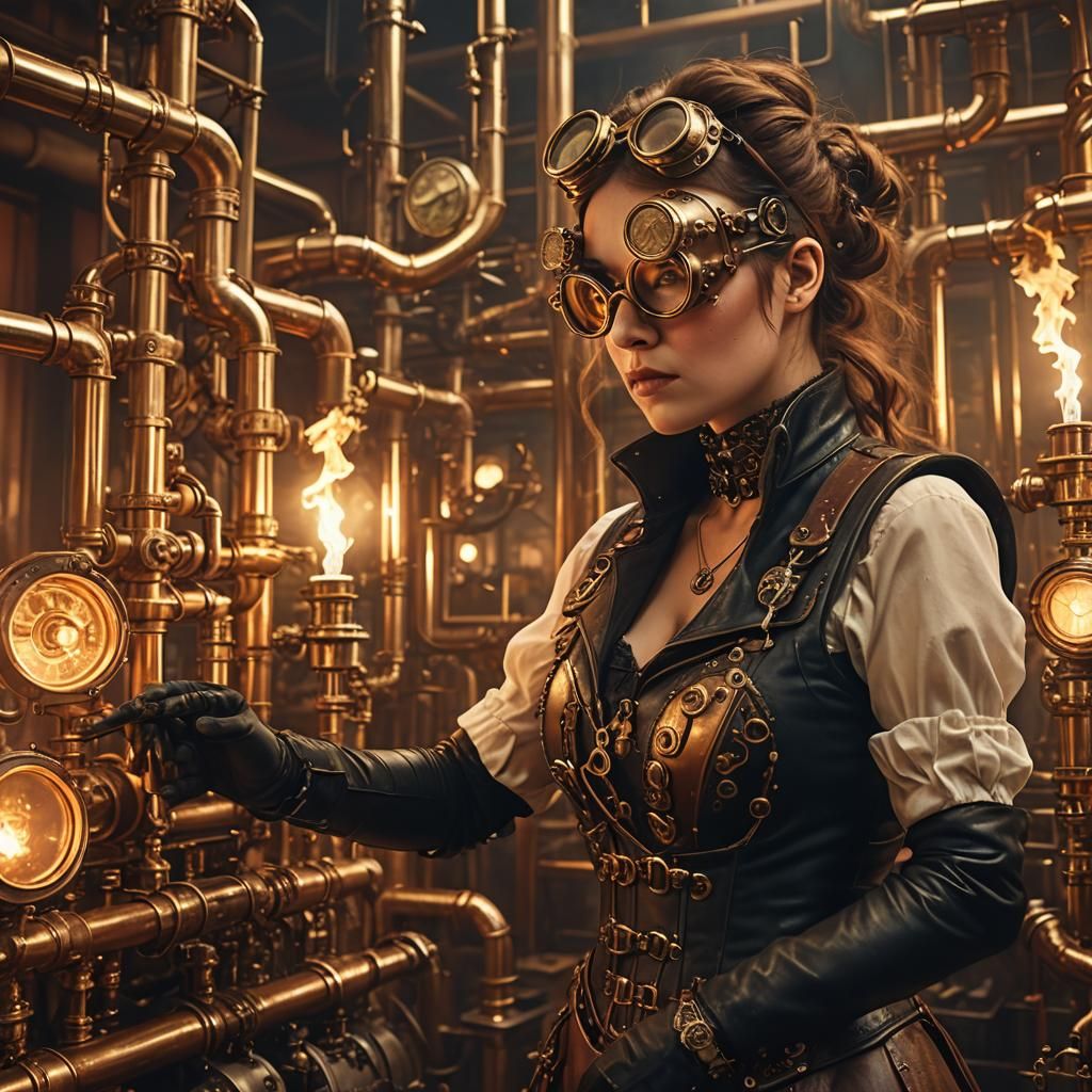 Steampunk Mechanic Adjusts Brass Pipes in Firelight