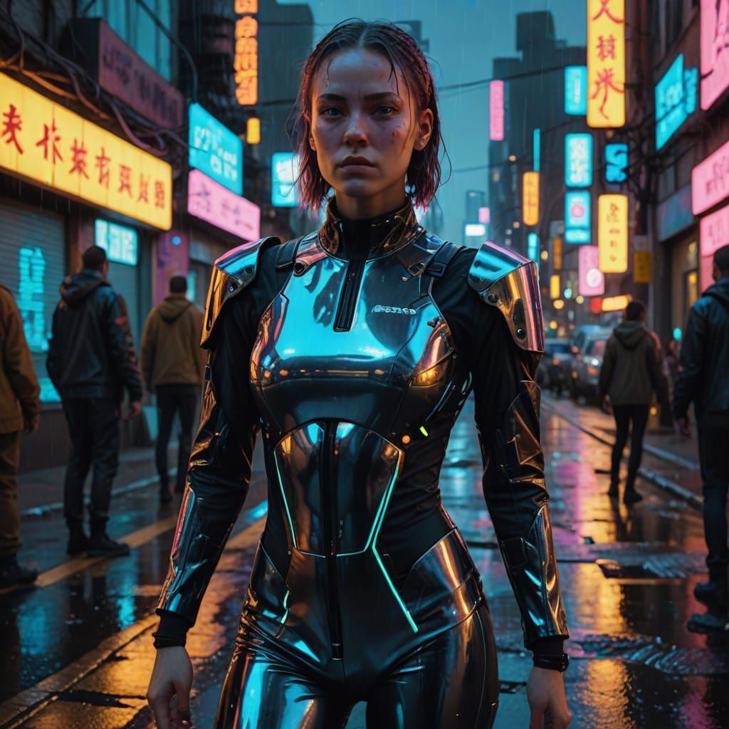 Cyberpunk Woman in Cityscape with Neon Lights