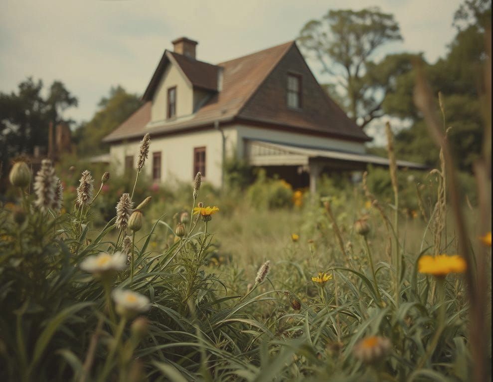 Vintage Overgrown Garden with Dilapidated House