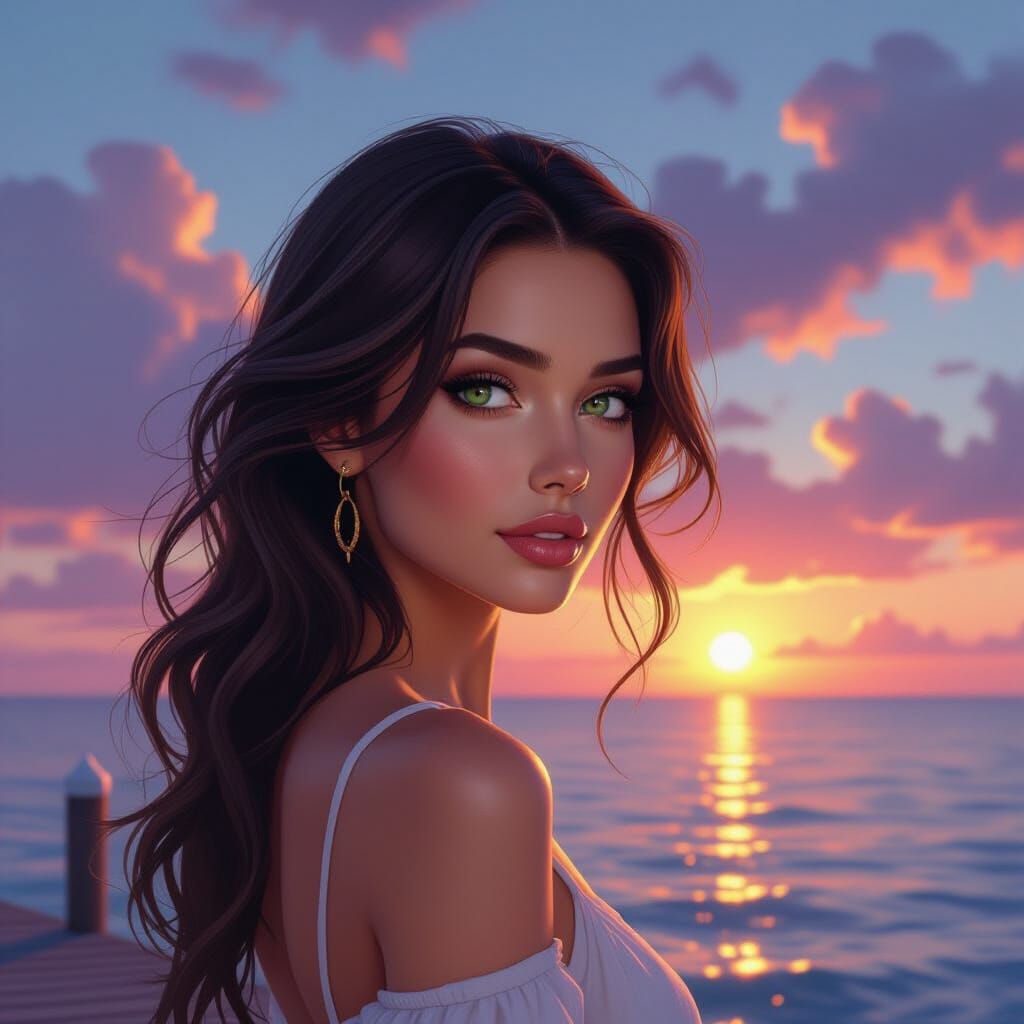 Woman on Pier at Sunset, Concept Art Portrait
