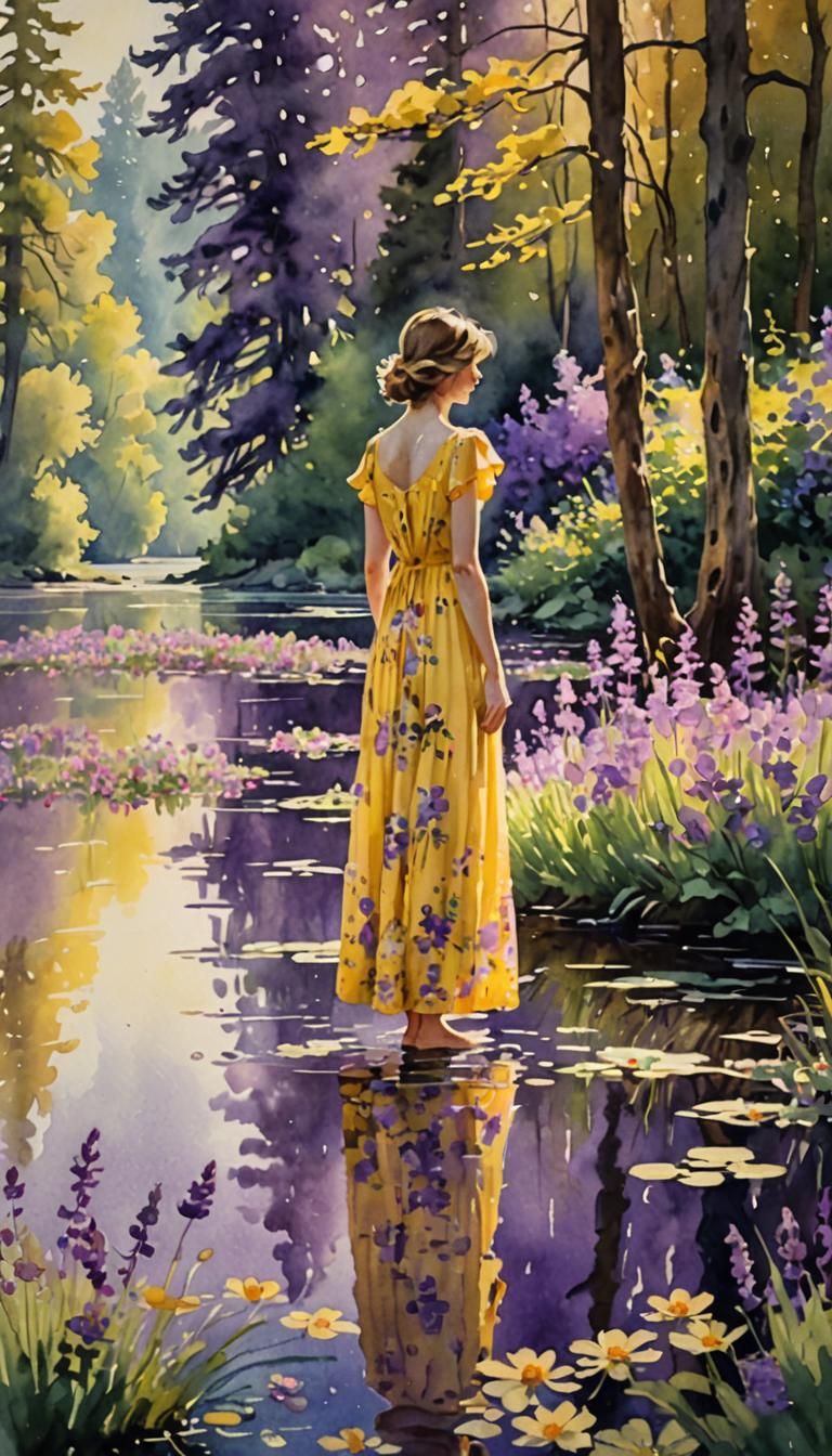 Woman in Yellow Dress by Lake, Watercolor Painting