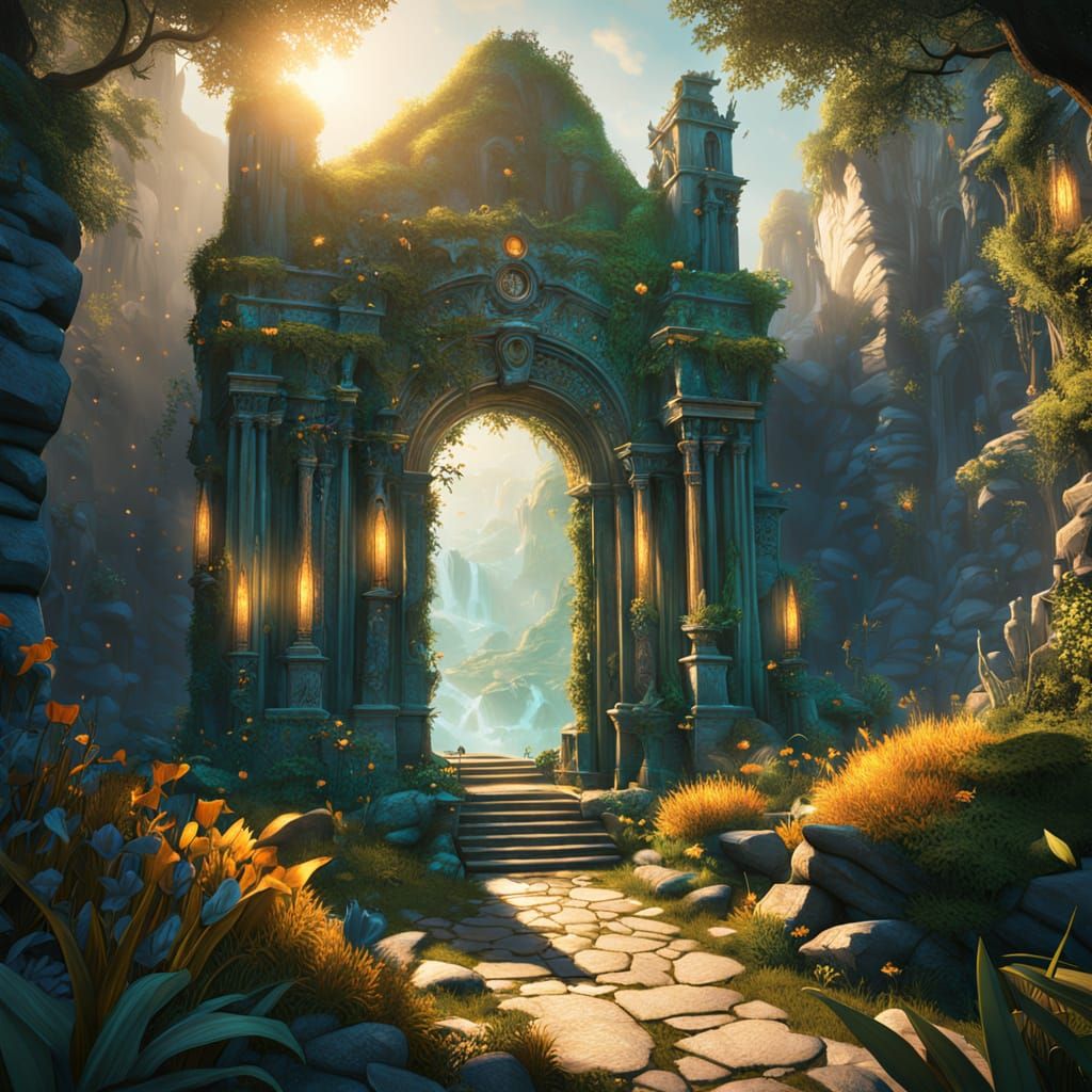 Ancient Portal to Hidden Realms in Vibrant Fantasy