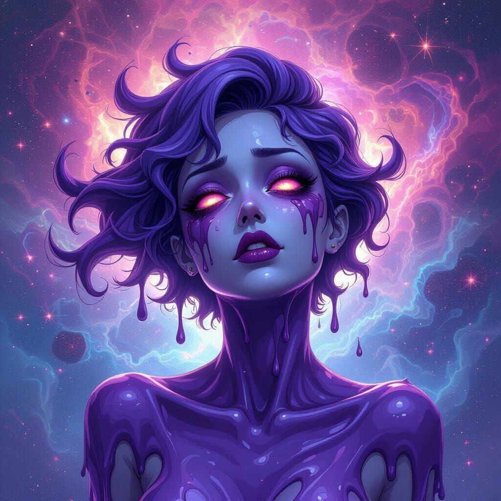Melting Woman with Cosmic Background in Anime Style