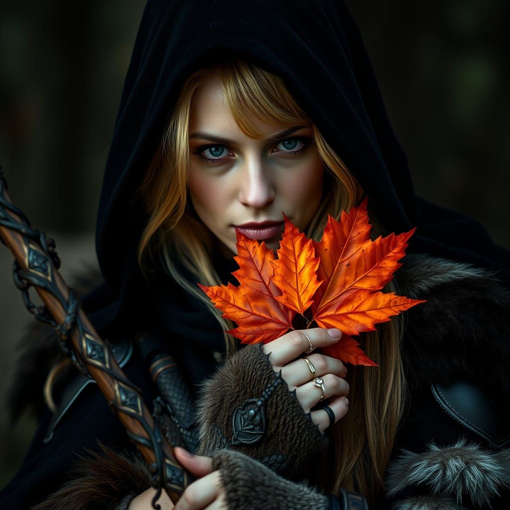 Mystical Witch in Fur Armor Holds Glowing Maple Leaf