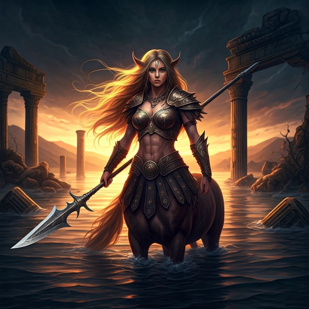 Centaur Warrior Stands Guard in Flooded Temple Ruins