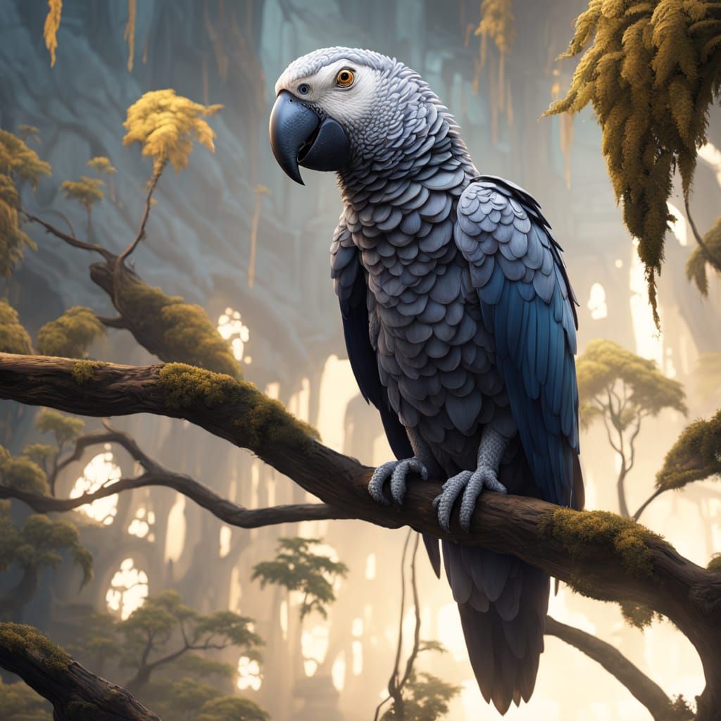 African Grey Parrot in Ethereal Fantasy Landscape