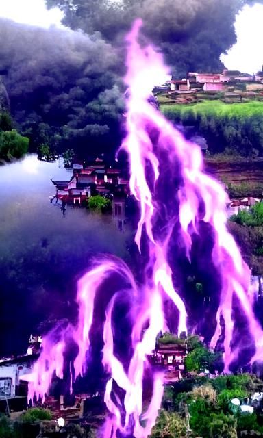 Purple Flames and Green Monsoon Over Peaceful Village