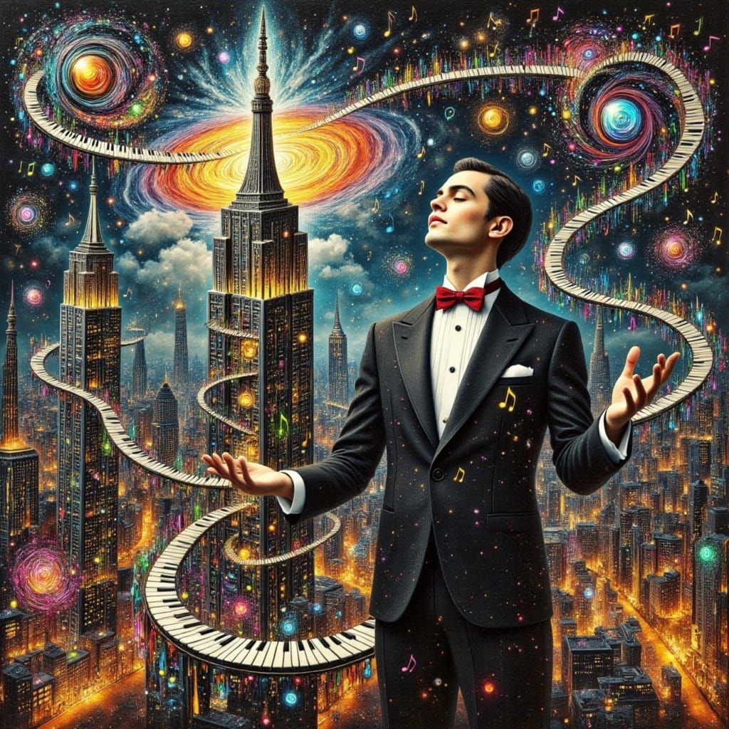 Haunting Orchestra Conductor in Dreamlike Art Deco Cityscape