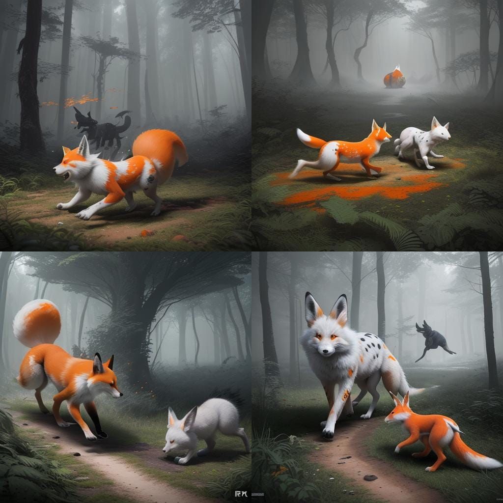 Fox Chasing Rabbit in Forest: Detailed Matte Painting