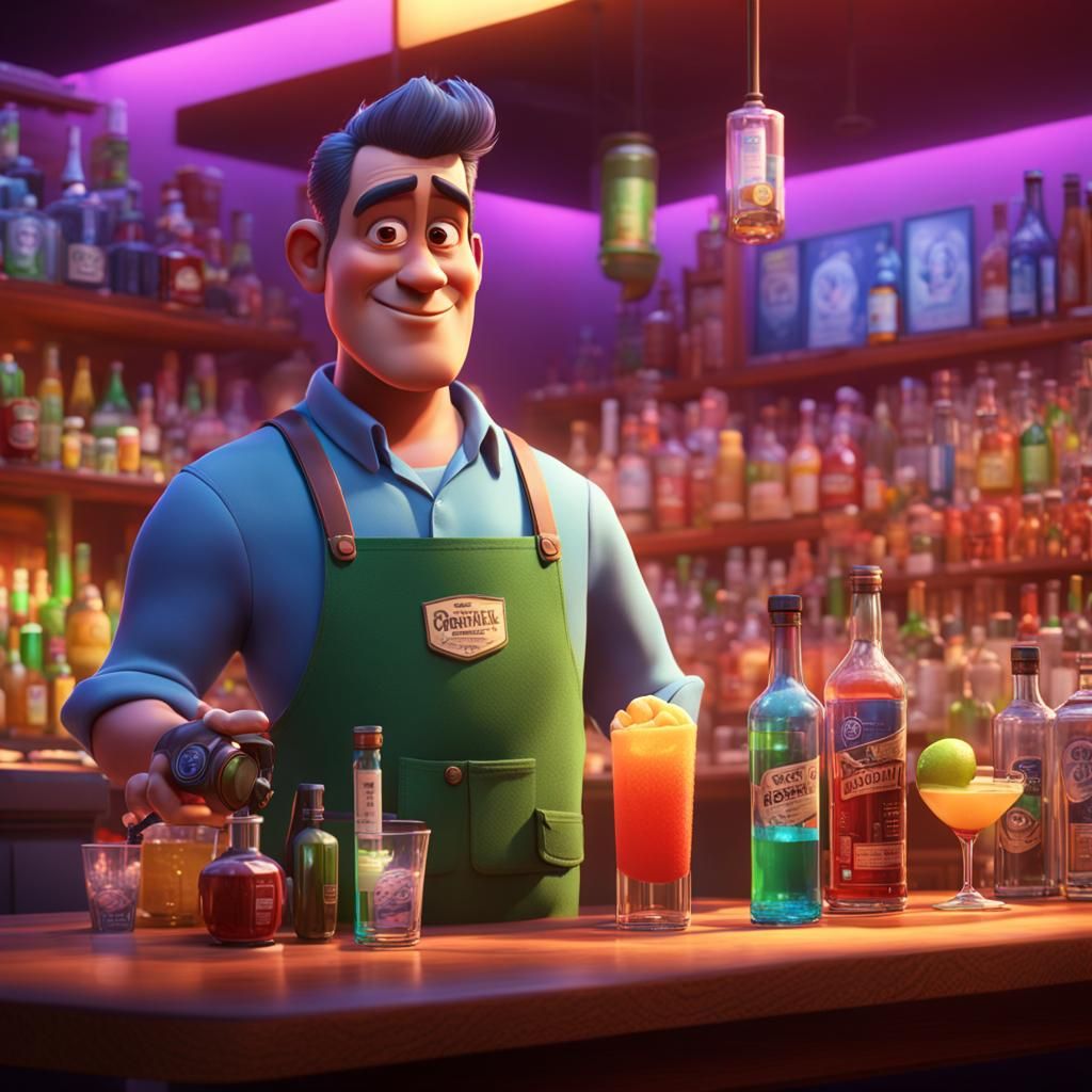 Animated Bartender in 3D Digital Art Style
