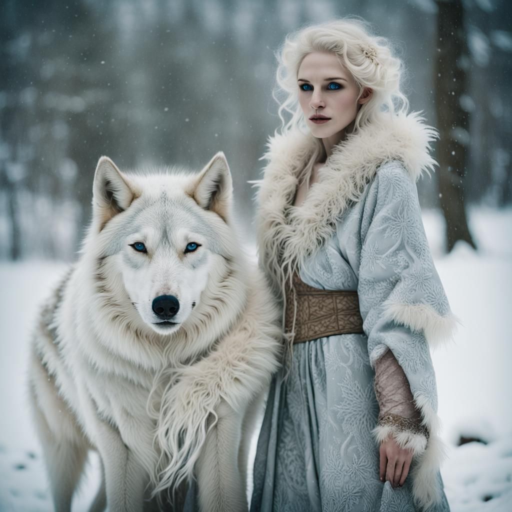 Albino Woman and White Wolf in Winter, Bohopunk Aesthetic