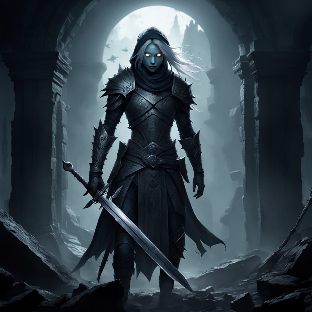 Drow Warrior in Gothic Ruins, Concept Art Style