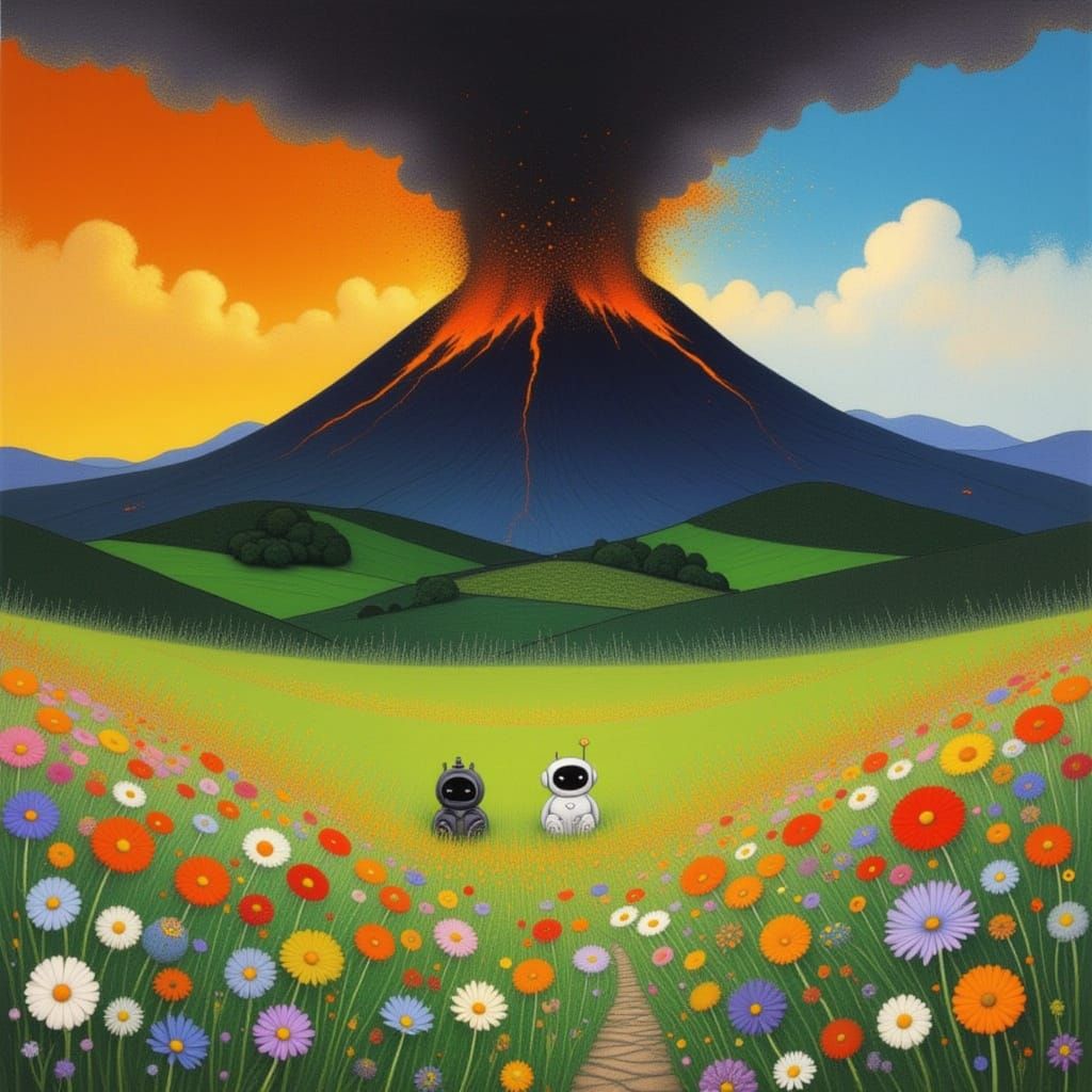 Harmonious Chaos: Ghibli Garden Meets Volcanic Eruption