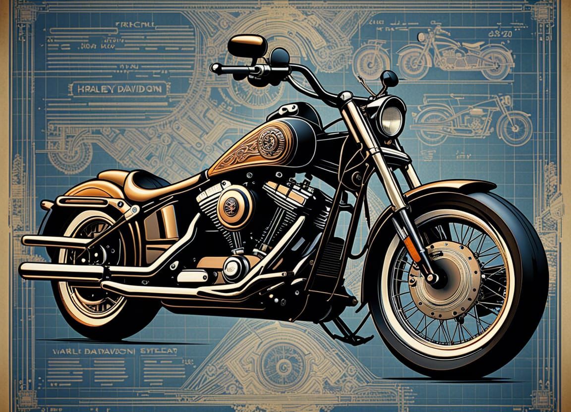 Classic Harley-Davidson motorbike vehicle blueprint with engine