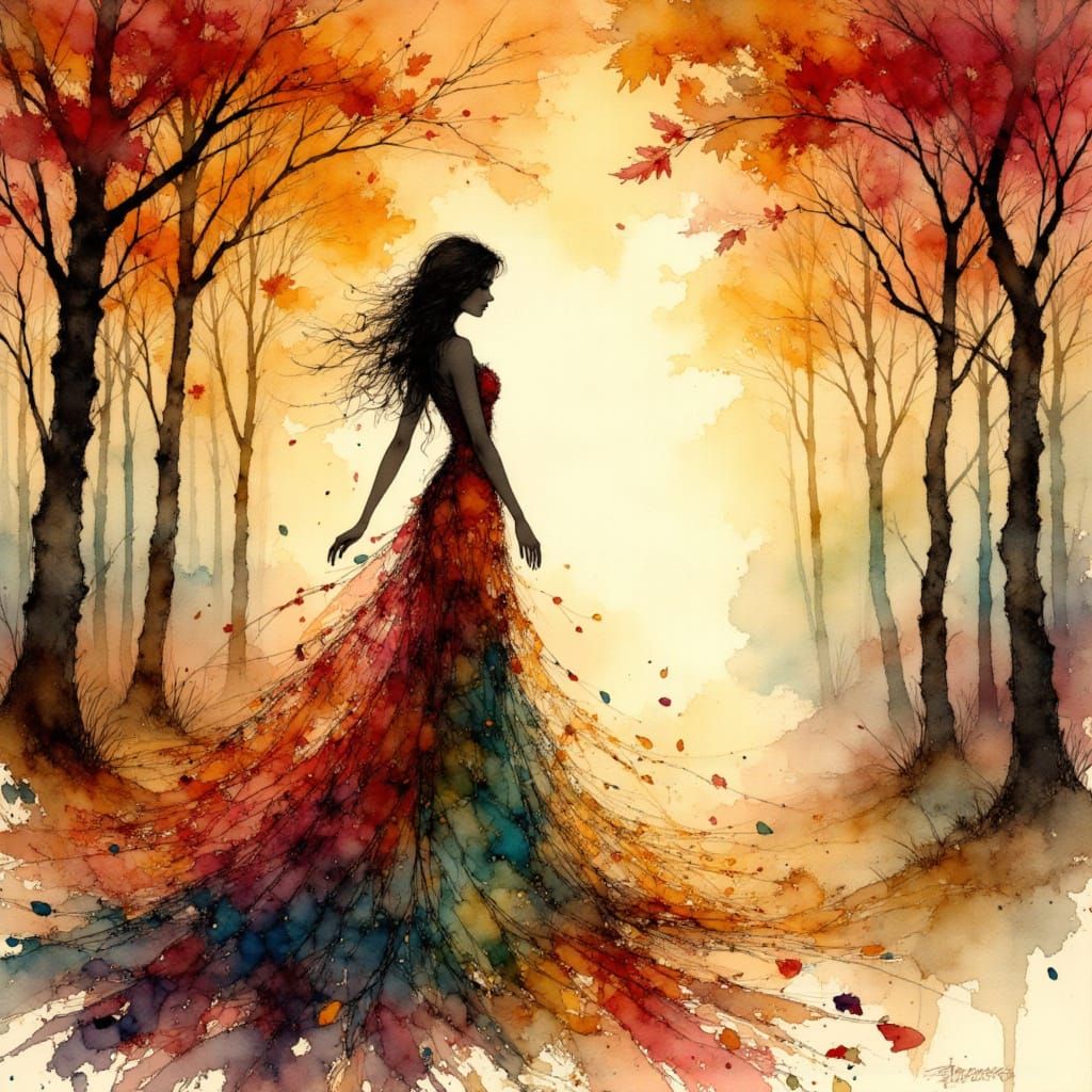 Autumn Silhouette in Watercolor Forest