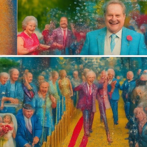 Full colour collage. People celebrating a wedding