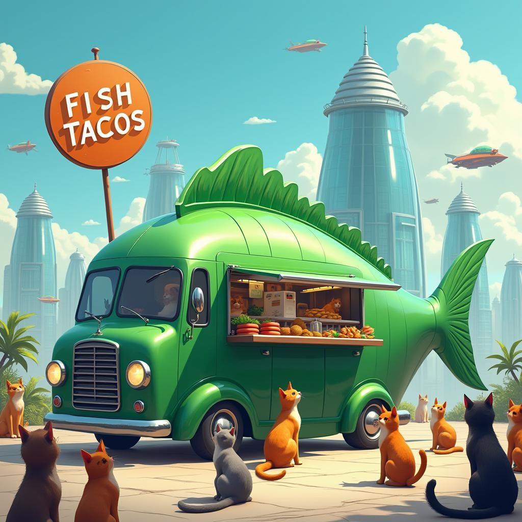 Futuristic City: Cats and Fish Taco Truck