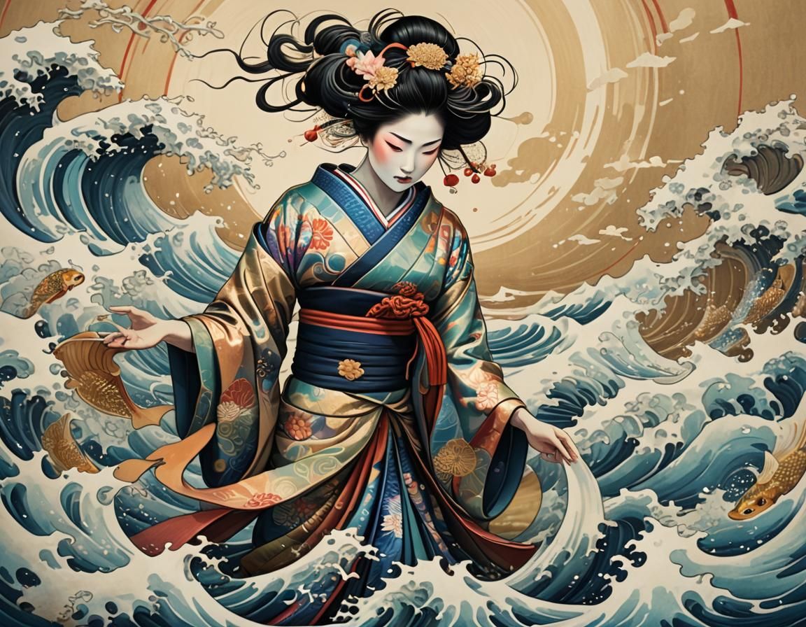 Geisha on Iridescent Seascape, Hokusai Style