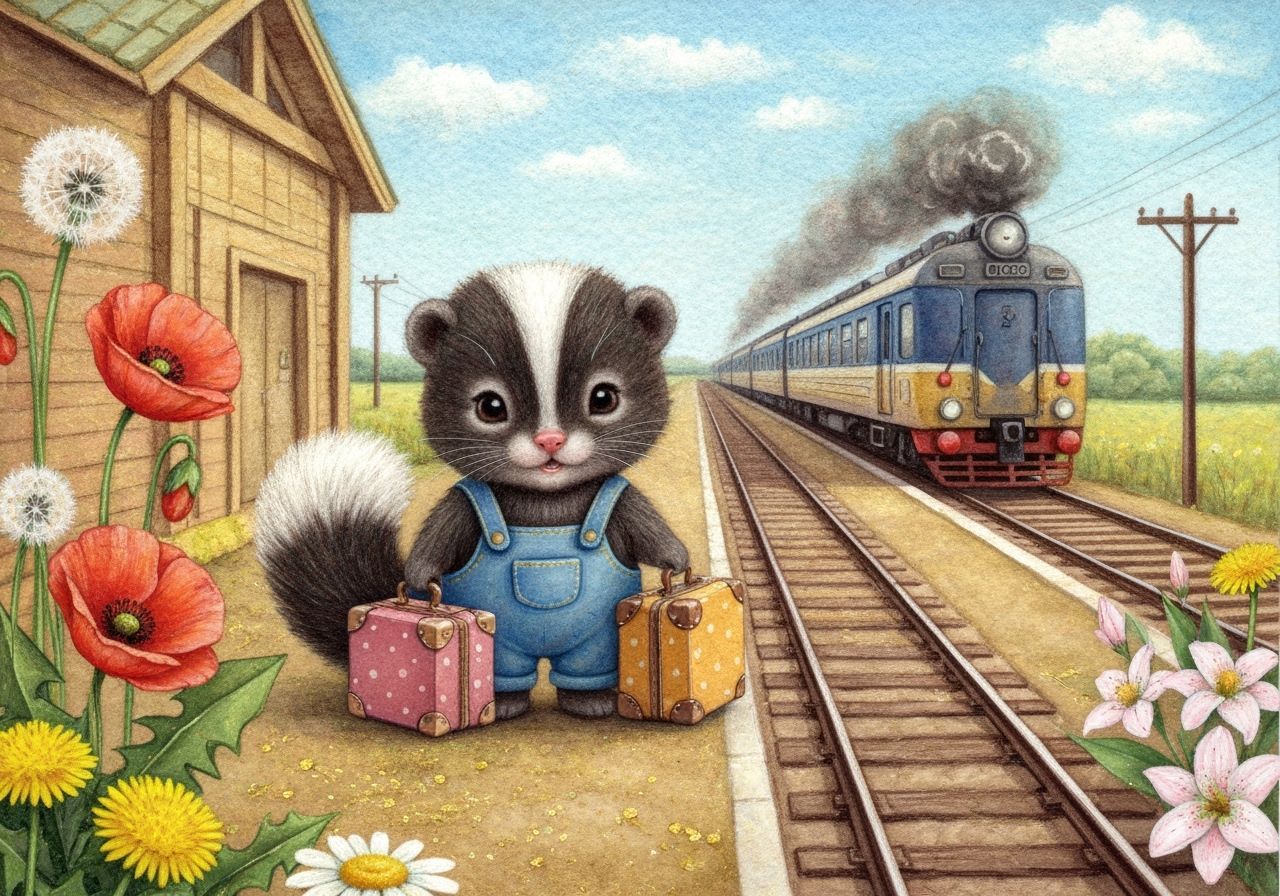 Fluffy Skunk in Overalls at Countryside Train Station