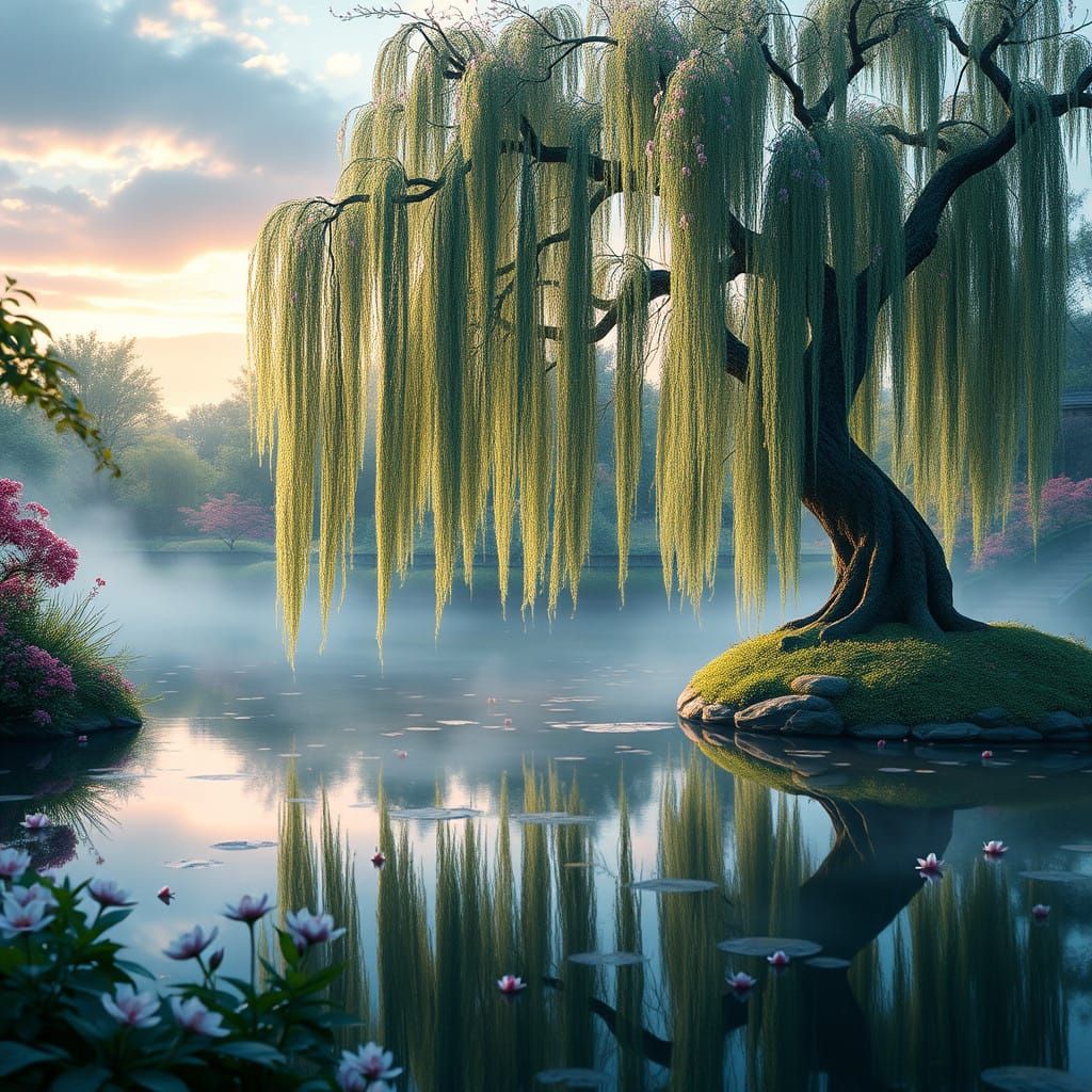 Serene Japanese Garden in Vibrant Colors and Soft Light