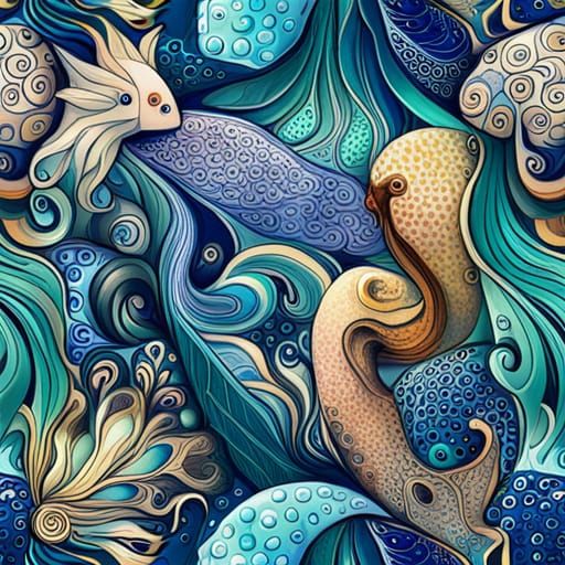 Octopi and Fish in Maximalist Abstract Style