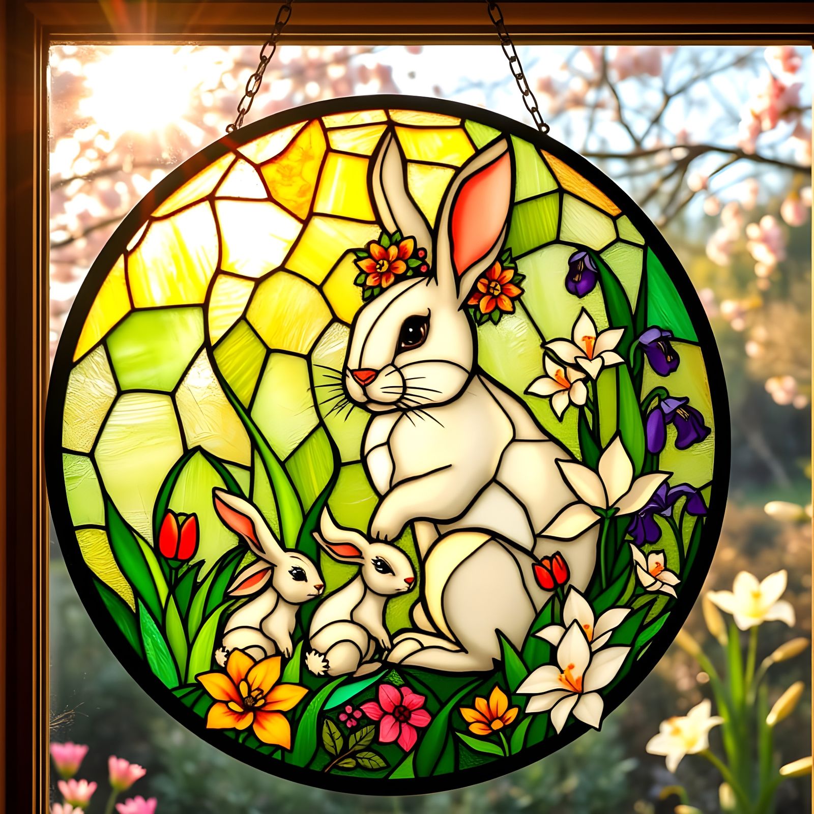 Springtime Garden Stained-Glass Masterpiece with Majestic Mo...