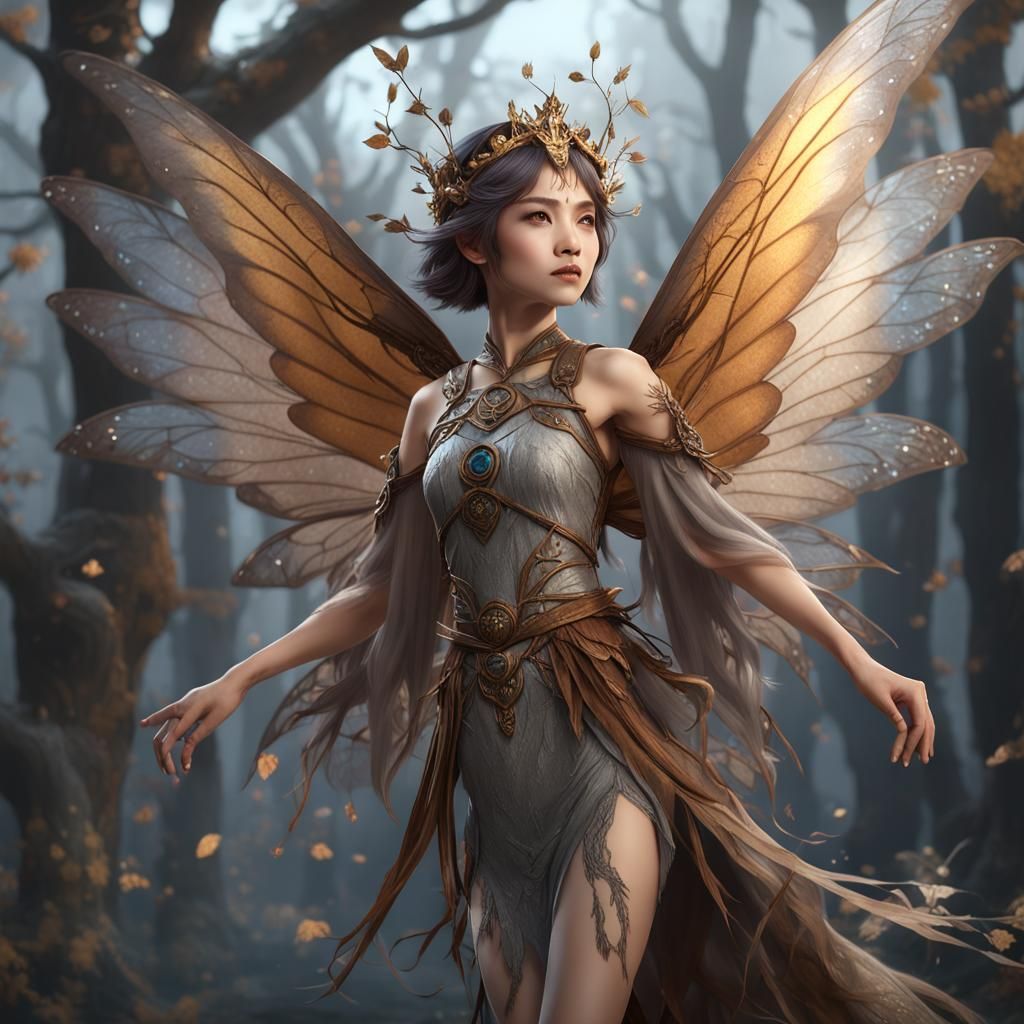 Wolf Fairy Asian Woman with Delicate Wings