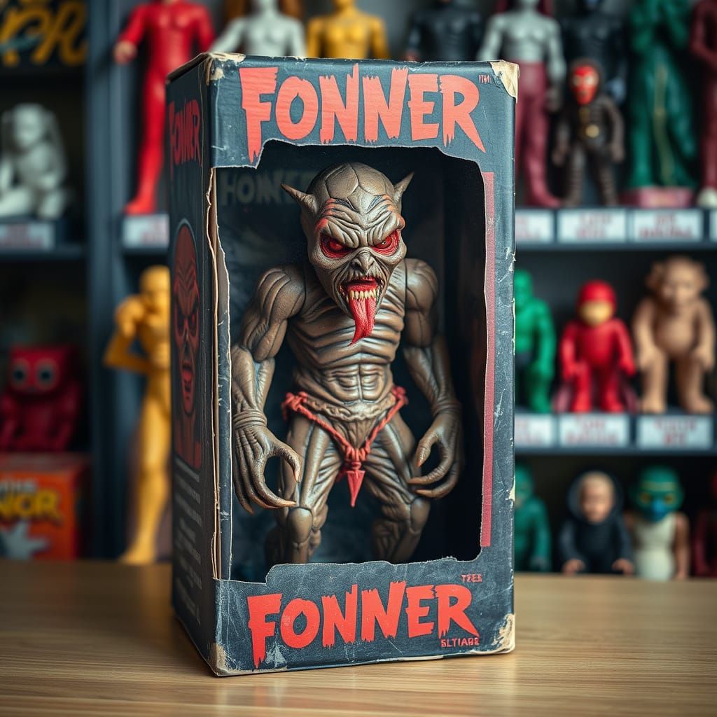 "Vintage horror monster action figure in retro toy box
