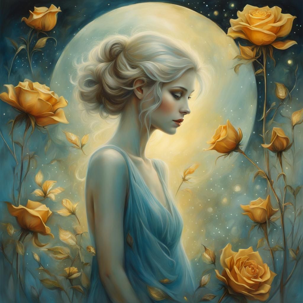Girl with Golden Rose in Moonlit Garden