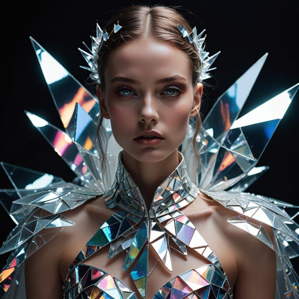 Avant-Garde Fashion With Floating Iridescent Glass Shards