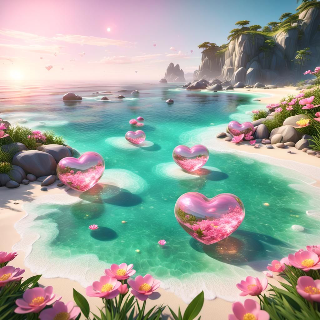 A landscape where pink and yellow flowers bloom inside several transparent glass hearts, and a beach where emerald waves