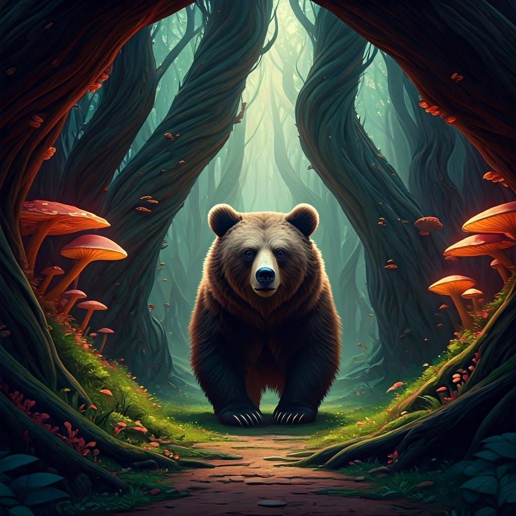 Fantasy Bear Cub in Mystical Forest