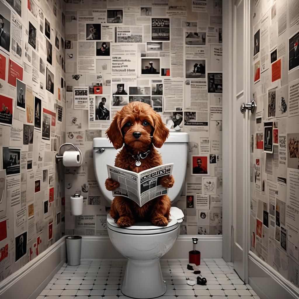 Cavapoo Reads Newspaper on Toilet: Digital Matte Painting
