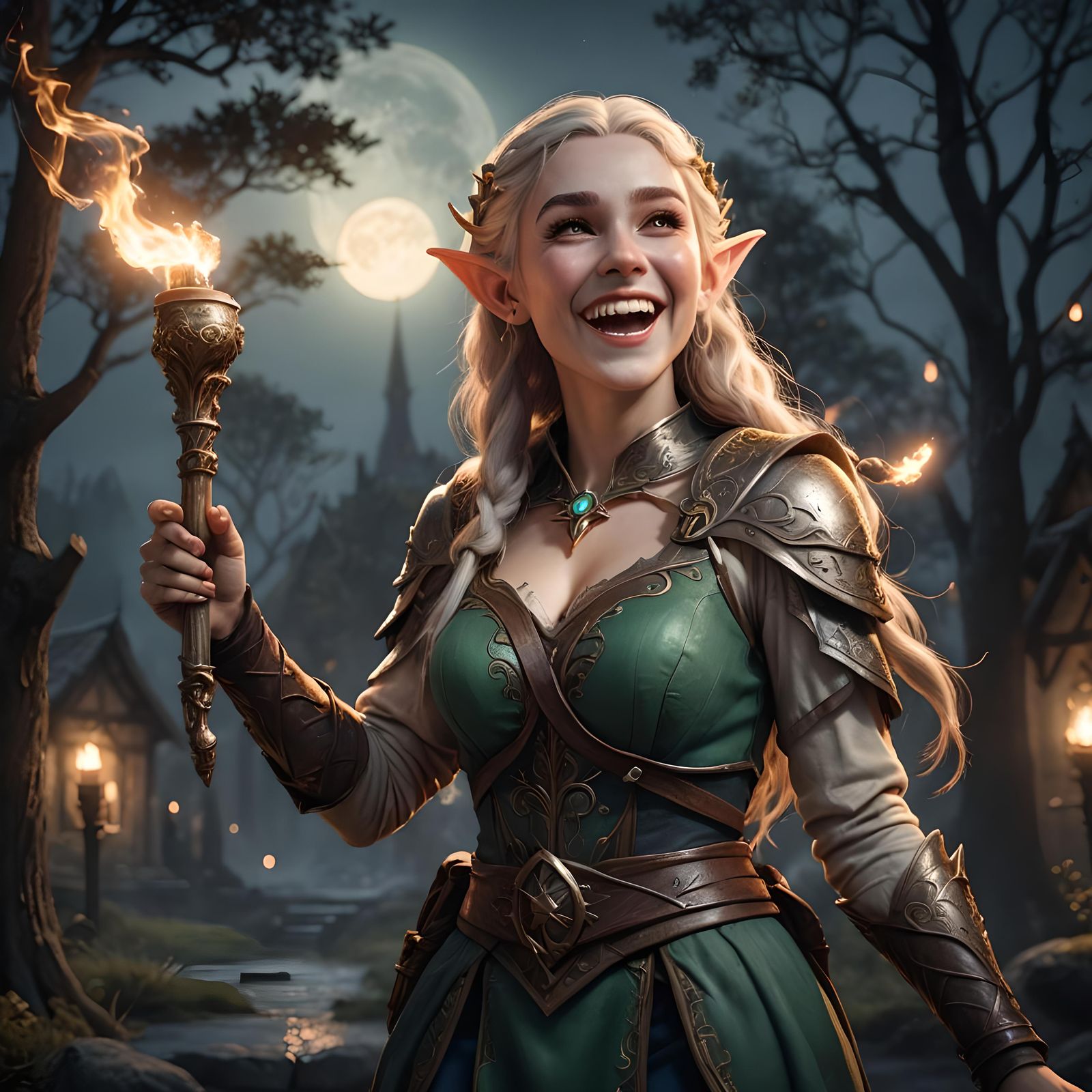 Laughing Elf with Torch in Detailed Fantasy Art