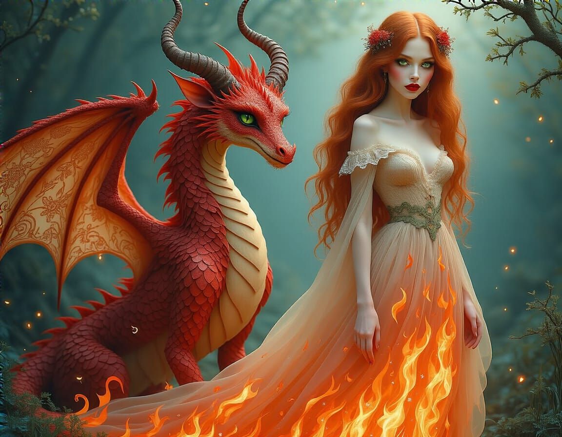 Ethereal Fire Witch and Dragon in Fantasy Scenery